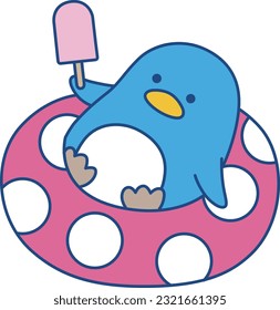 Vector illustration of a penguin eating ice cream on a swim ring in the summer season