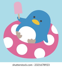 Vector illustration of a penguin eating ice cream on a swim ring in the summer season