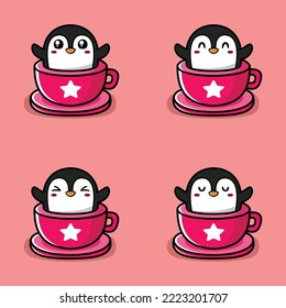 vector illustration of a penguin emoji sticker in a cup