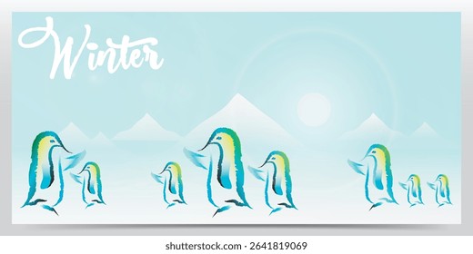 Vector illustration of a penguin family in winter