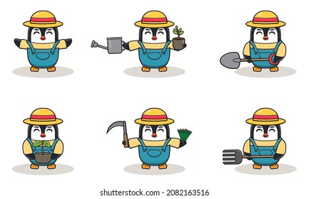 Vector illustration of Penguin farmer cartoon. Cute Penguin farmer character design with straw hat. Character flat design.