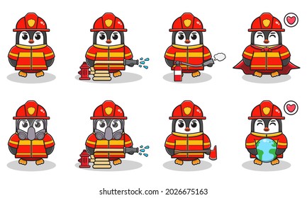 Vector illustration of Penguin firefighters set. Fire fighter profession with flat design style. Good for icon, label, sticker, clipart.