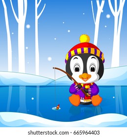vector illustration of penguin fishing