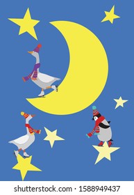 Vector illustration of a penguin goose in hat and scarf and skates on the moon and stars background. Winter christmas greeting card. Flat graphic