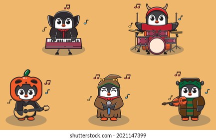Vector illustration of Penguin Halloween. Penguin with costume play a musical instrument.