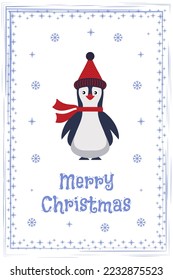 Vector illustration of a penguin in a hat with a decorative frame in an abstract style. Universal artistic template for design, banner, poster, flyer, greeting card, invitation. 
