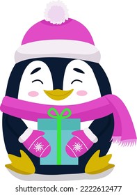 Vector illustration of a penguin in a hat and mittens with a gift. Illustration for Christmas and New Year. A New Year's penguin for Christmas, a mascot. Vector illustration