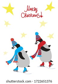 Vector illustration of a penguin in hat and scarf and skates on the stars background. Winter christmas greeting card. Flat graphic