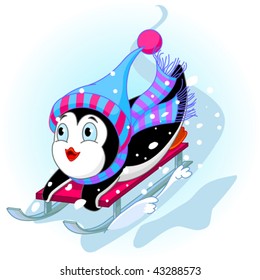 Vector illustration of Penguin having fun in a snow cart.