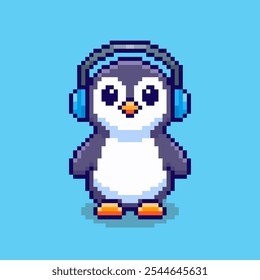 Vector Illustration of Penguin with Headphones with Pixel Art Design, perfect for game assets themed designs