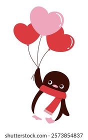 vector illustration of a penguin with heart balloons in the sky for Valentine's Day, wedding, etc.