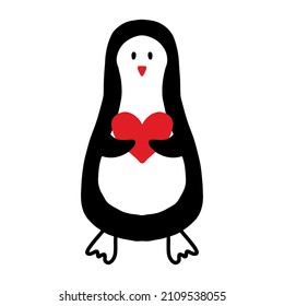 Vector illustration of a penguin with hearts. Happy valentine's day. Minimalist valentine's day in doodle style.