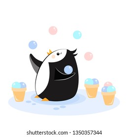 Vector illustration of penguin juggles with ice cream balls
