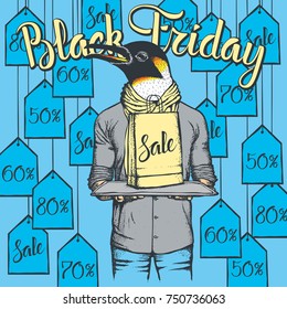 Vector illustration of penguin on Black Friday. Penguin with sale pack on shopping