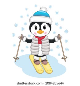 Vector illustration of a penguin on skis. Winter, sports and recreation.