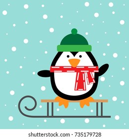 Vector illustration of a penguin on a sleigh on a snow background