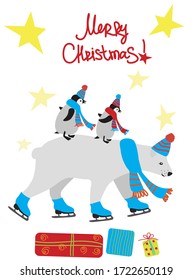 Vector illustration of a penguin and polar bear in hat and scarf and skates with christmas presents. Winter christmas greeting card. Flat graphic. Christmas set