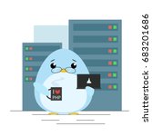 Vector illustration. Penguin - programmer standing with computer and coffee in server room. Cute flat design