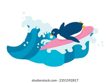 Vector illustration of penguin riding on surfboard.