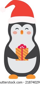 Vector illustration of penguin in Santa red hat with gift