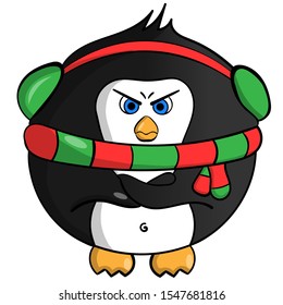 Vector illustration of a penguin. Illustration of a penguin in a scarf and headphones. Offended, angry penguin on a white background