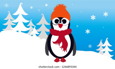Vector illustration of penguin in the snowy woods in the winter.