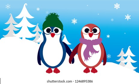 Vector illustration of penguin in the snowy woods in the winter.