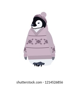 Vector illustration with a penguin in a sweater and hat on a white isolated background. Template for postcard, logo, web design.