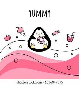Vector illustration. Penguin with sweets. Cartoon style