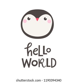 Vector illustration with penguin and text Hello world.