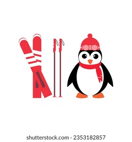  Vector illustration penguin  in trendy flat style with pair of skis