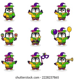 Ilustración vectorial Pingüino con ropa de mardi gras en diferentes poses aisladas de fondo blanco. Dibujo de un Pingüino del Mardi Gras. Mardi Gras jester, listo.