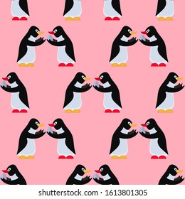Vector illustration with a penguin, which, going on a hunt, transfers an egg to another penguin for storage. Flat design.
