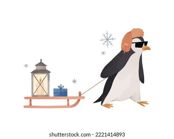 Vector illustration - penguin with winter hat and sunglass with sleigh with gifts. Funny cartoon arctic bird. Childish watercolor illustration. Winter character for kid. Perfect for prints, home decor