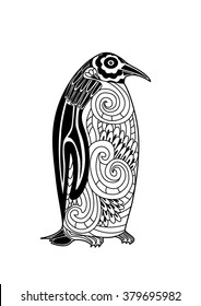 Vector illustration of the penguin in zentangle style. It may be used for design of a coloring book, t-shirt, bag, postcard, a poster and so on.