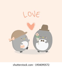 vector illustration of penguine with heart illustration. two penguine holding flowers of love. flat design penguine. animal wallpaper.