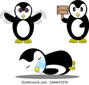 Vector illustration of penguins, glasses, and notice boards.