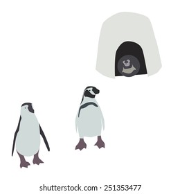 Vector illustration of penguins near igloo