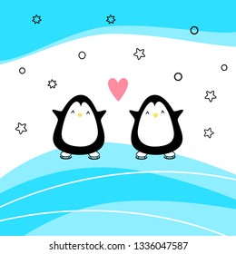 Vector illustration. Penguins on skates. Love and romance.