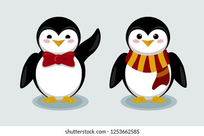 Vector illustration with penguins. One penguin in a bow tie  flaps its wings. The second penguin stands in a scarf. Brothers penguins.