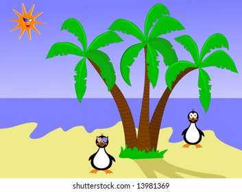 Ilustração vetorial de pinguins, um deles usando óculos escuros em uma ilha deserta representando o aquecimento global