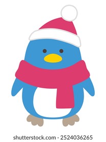 Ilustração vetorial de pinguins no inverno. Natal, chapéus, cachecóis, pássaros