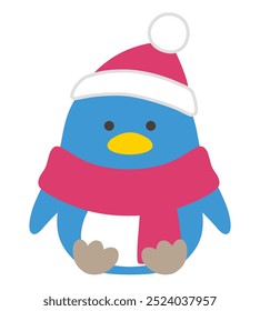 Vector illustration of penguins in winter. Christmas, hats, scarves, birds