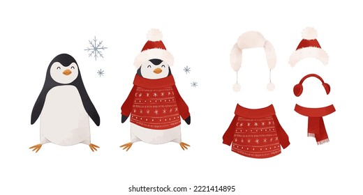 Vector illustration - penguins with winter hat, scarf, sweater. Funny cartoon arctic animals. Childish watercolor illustration. Winter character for kid. Perfect for prints, home decor, wallpaper