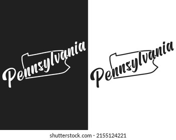 Vector illustration of Pennsylvania. Monochrome logo of the USA state. Lettering and outline of territory of the United States of America. Poster of US