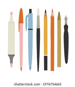 Vector illustration of pens, pencils, brush, and markers, isolated on white. Hand-drawn stationery set in flat style. The concept of objects for learning, office supplies, drawing.