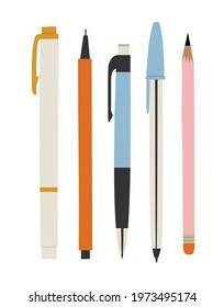 Vector illustration of pens and pencils, isolated on white. Hand-drawn set in flat style. The concept of objects for learning, office supplies, drawing.