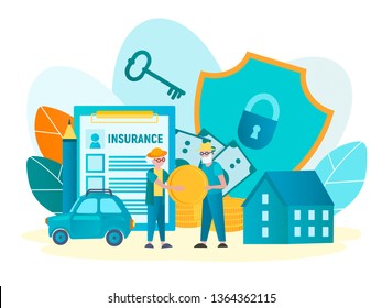 Vector illustration of pension insurance of savings of elderly people, an elderly man and woman and the objects and characters of insurance.