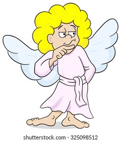 vector illustration of a pensive looking cartoon angel