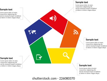 Vector illustration with pentagon infographic consists of five colors with separate signs and symbols in each part